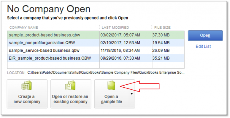 Open a Sample Company File - Screenshot