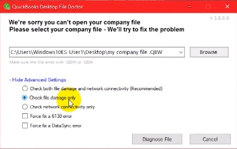 QuickBooks File Doctor - Check Damage File (Screenshot)