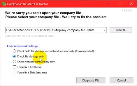 QuickBooks File Doctor - Check Damage File 