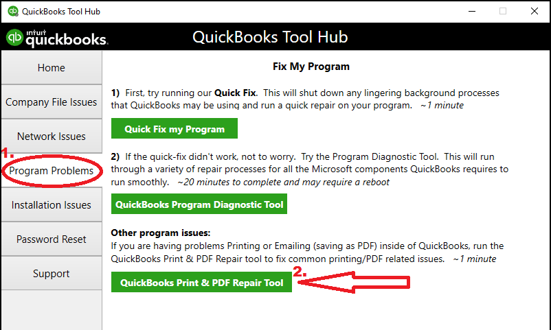 Run PDF & Print repair tool from the QuickBooks tool hub - Screenshot