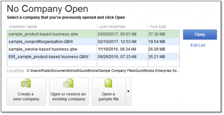Open sample company files - Screenshot