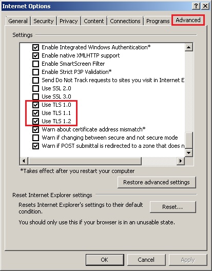 Use TLS 1.0, Use TLS 1.1 and TLS 1.2 - Screenshot