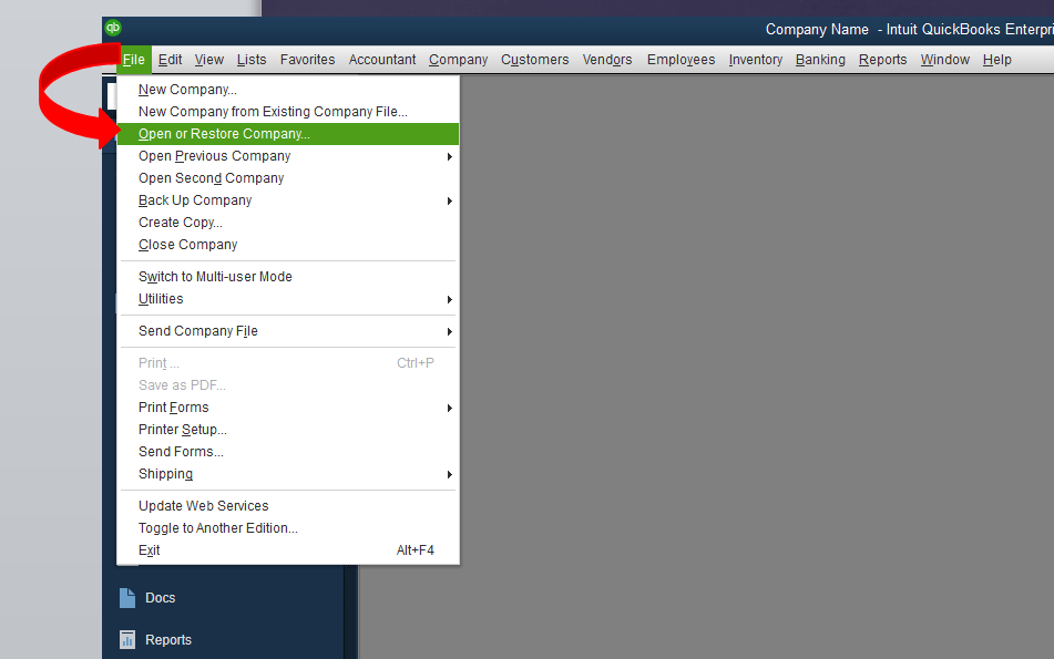 Open or restore company file in QuickBooks - Screenshot