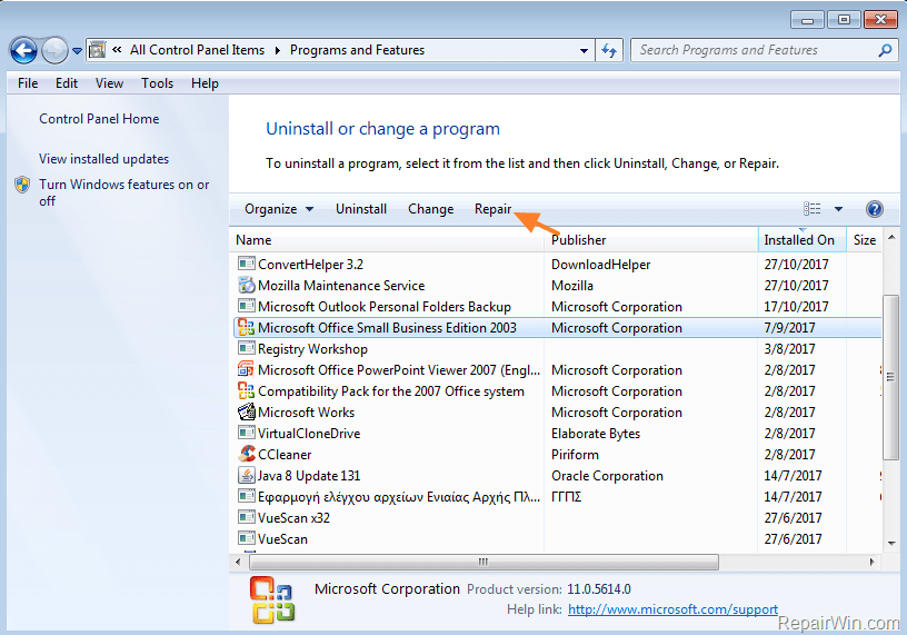 Repair to fix any installation errors in ms office - Screenshot