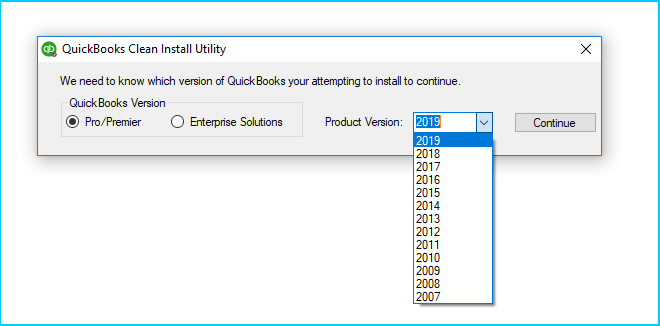 Select QuickBooks version and product version in clean install tool - quickbooks unrecoverable error