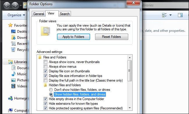 Show hidden files and folders option - Screenshot