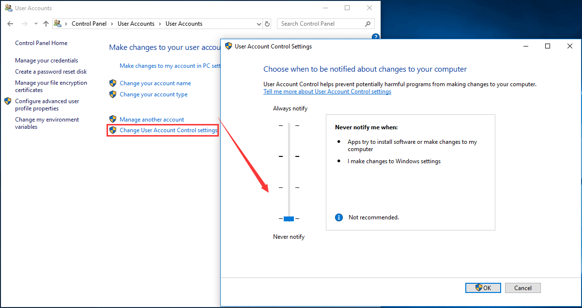 Turning off User Account Control (UAC) - Screenshot