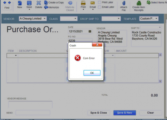 Com error when sending invoices or opening quickbooks desktop - Screenshot