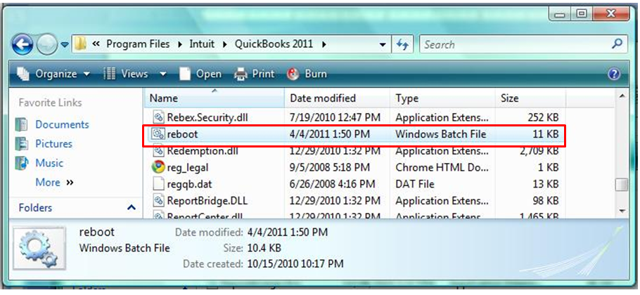 Run ‘reboot.bat’ file - QuickBooks error 15104