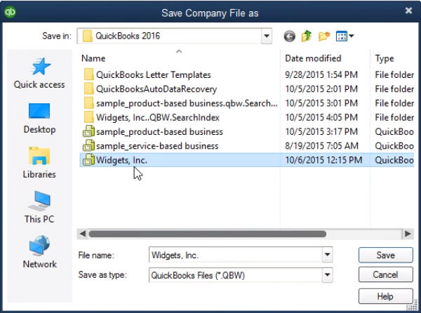 Save Company File As - Screenshot