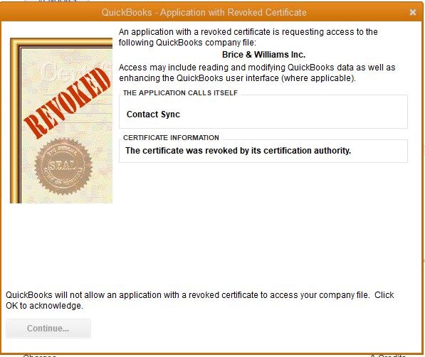 QuickBooks Application with Revoked Certificate - Screenshot
