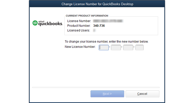 Enter the new license number and the product number - Screenshot