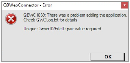 QBWC1039 Unique OwnerID or FileID pair value required - Screenshot