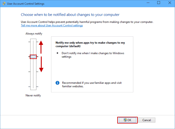 Toggle the UAC setting in Windows 10 - Screenshot