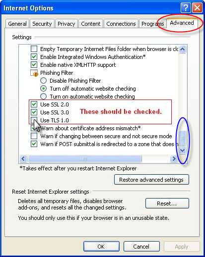 Use SSL 2.0, Use SSL 3.0 and Use TLS 1.0 are checked 