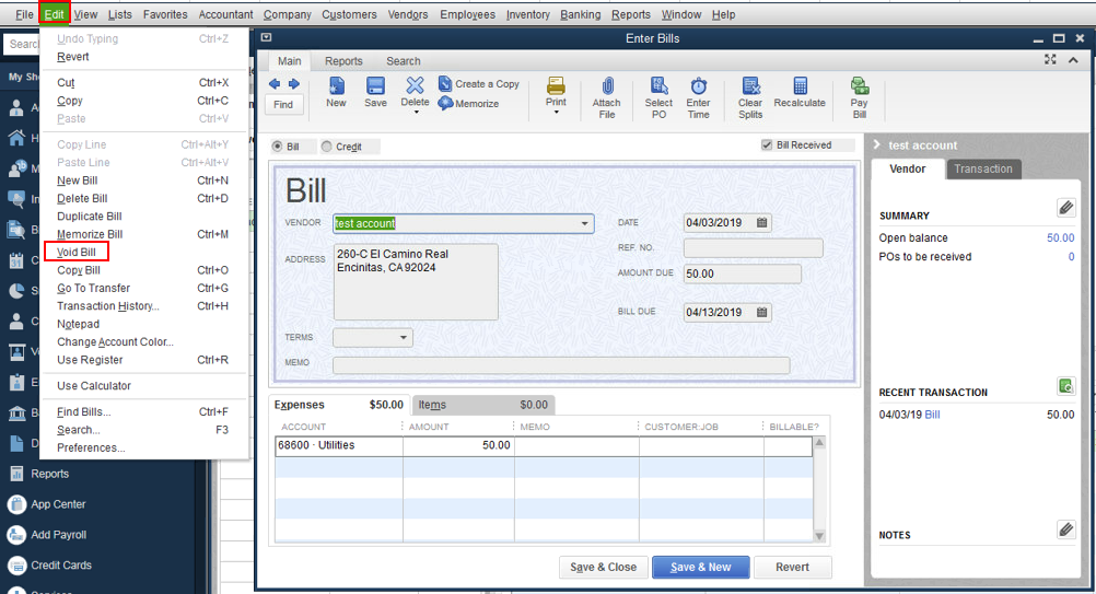 Void a bill or bill payment check in QuickBooks - Screenshot