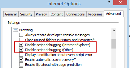 Disable script debugging - Screenshot Image