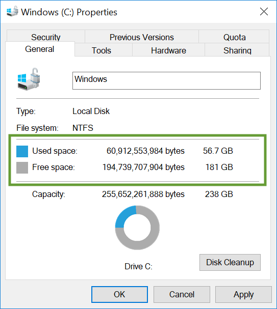 Disk space - Screenshot