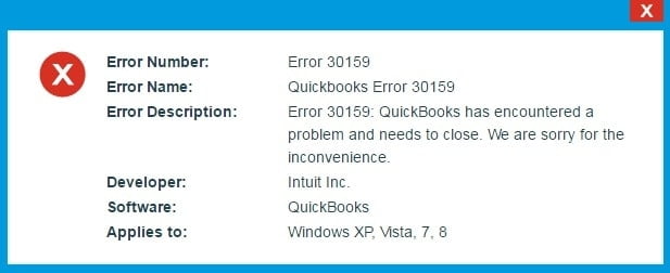 QuickBooks error code 30159 - Screenshot