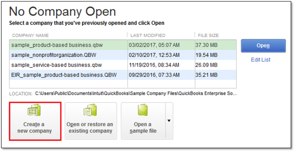 Create a new company file folder - Screenshot