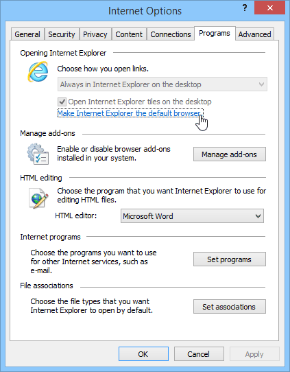 Resetting the default browser to Internet explorer - Screenshot