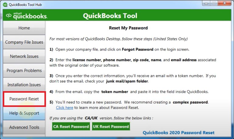 Password Reset tab 