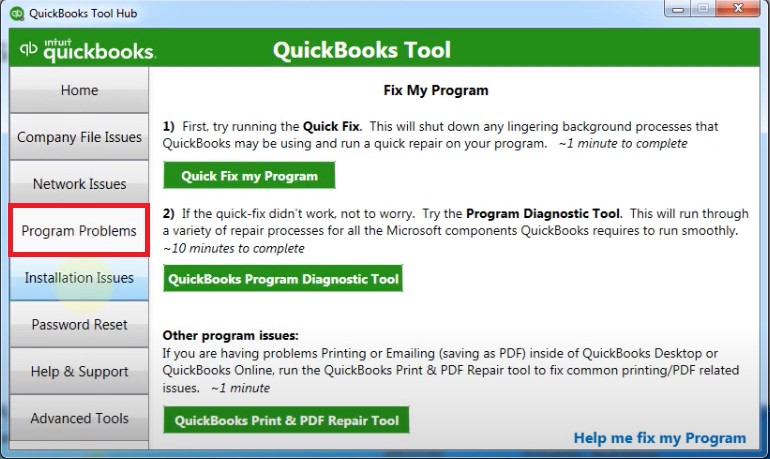 Program Problems Tab in Tool Hub 