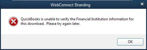QuickBooks is Unable to Verify Financial Institution - Screenshot