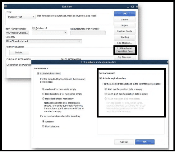 Inventory expiration dates on lot numbers- QuickBooks 2023