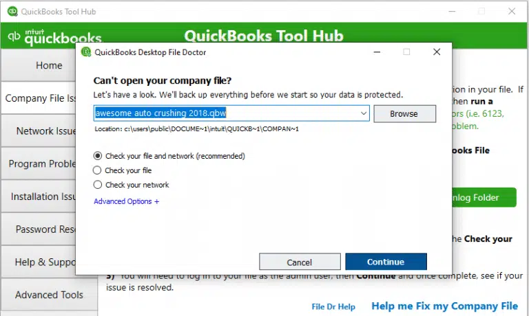 QuickBooks file doctor in tool hub- quickbooks error 179